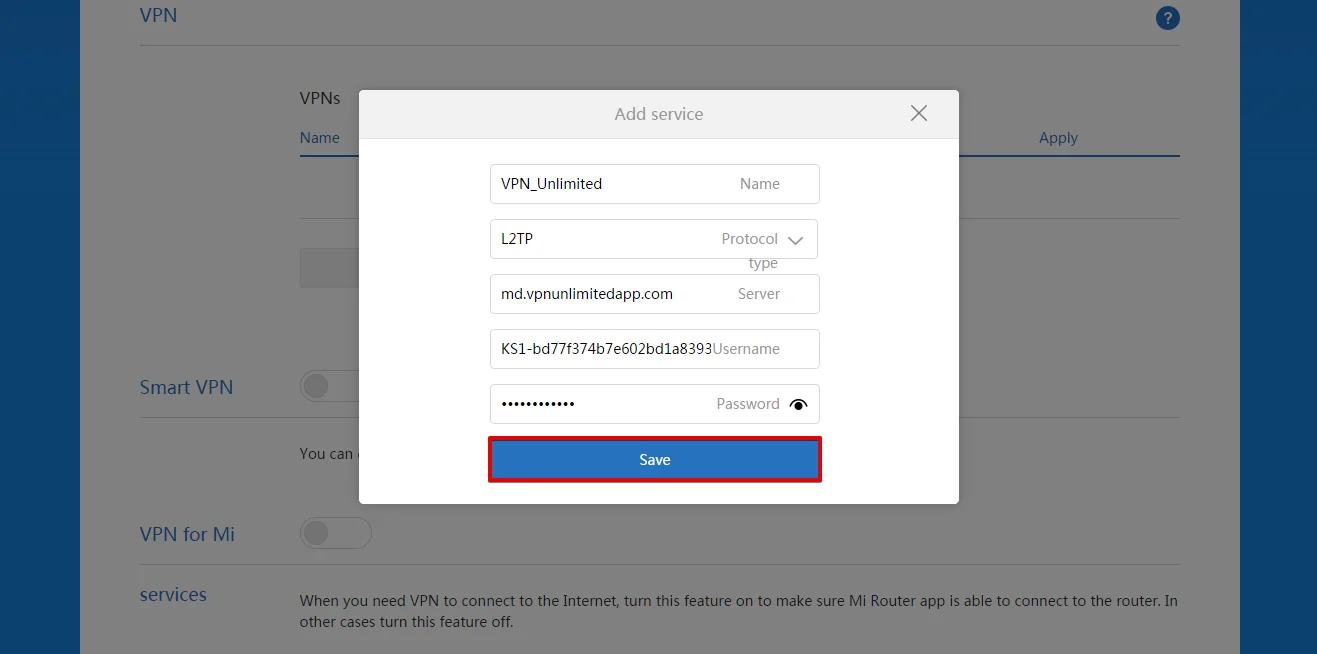 Enter L2TP settings on the Add service screen to set up VPN on your Xiaomi router