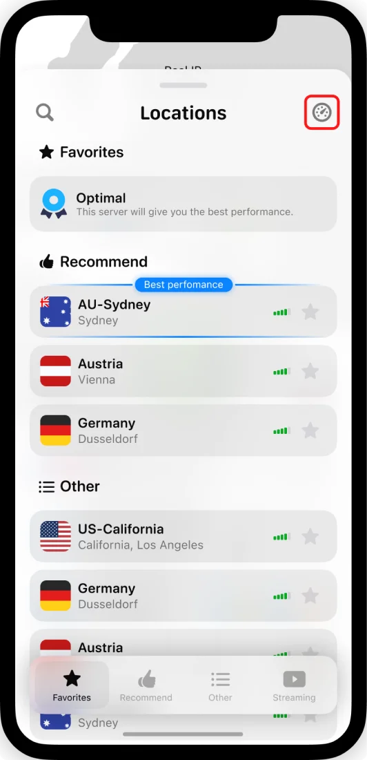 Ping test in KeepSolid VPN Unlimited app on iOS