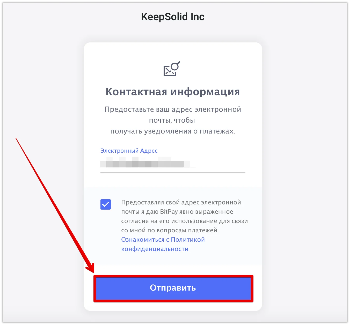 8. Введите адрес электронной почты, чтобы получать уведомления о вашем платеже, и нажмите Отправить.