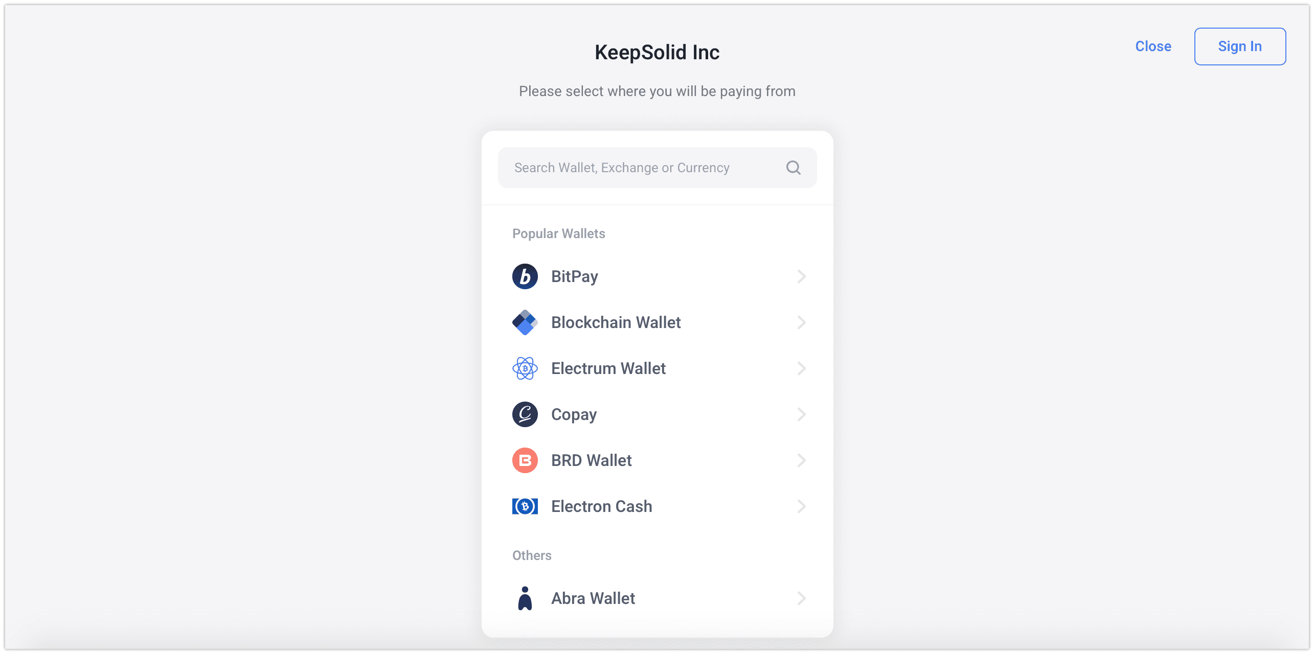 7. Select your wallet from where you will be paying for our VPN subscription (in this manual, we choose BitPay).