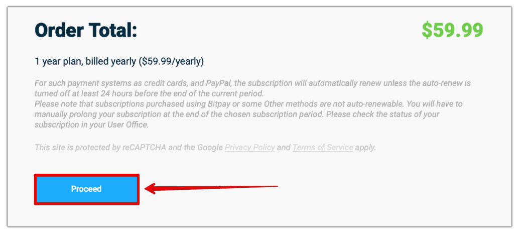 9. Click Proceed to confirm your VPN payment with Google Pay.