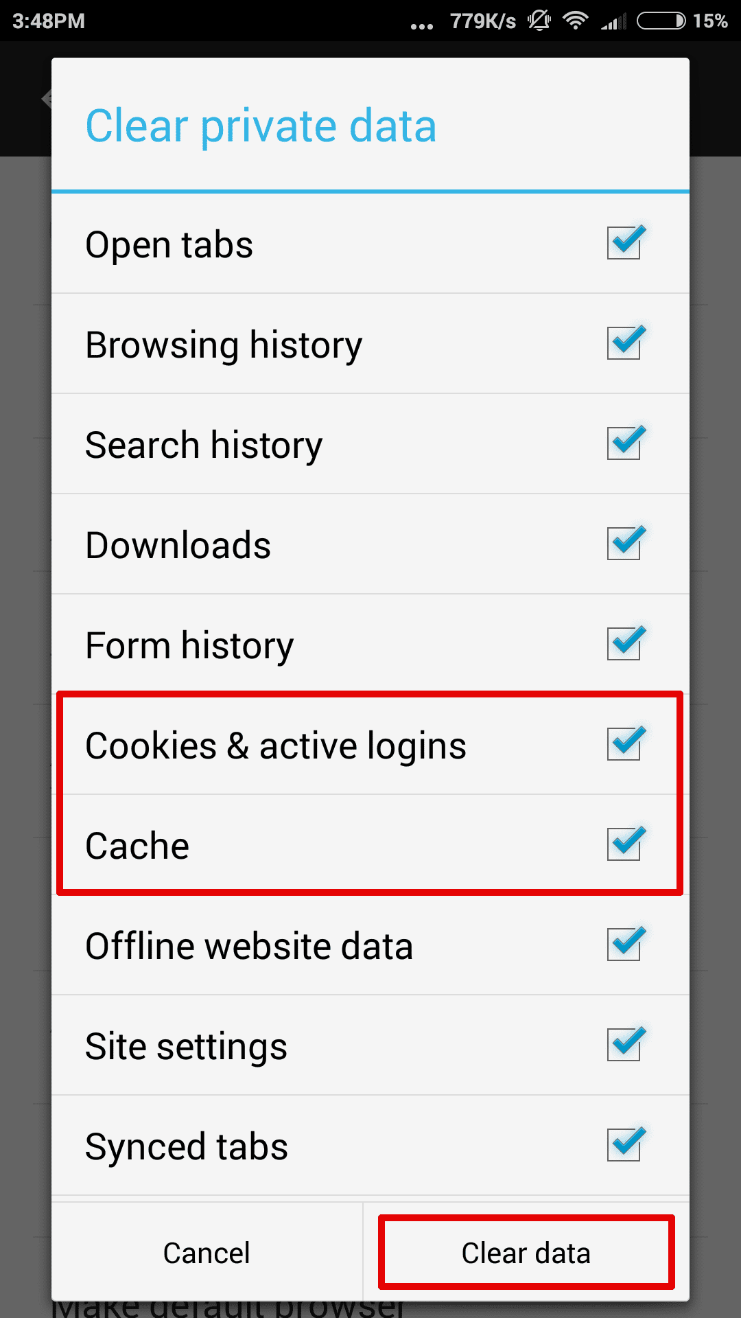 How do cookies affect the VPN? - In FireFox for Android - Put a checkmark next to the items you want to clear