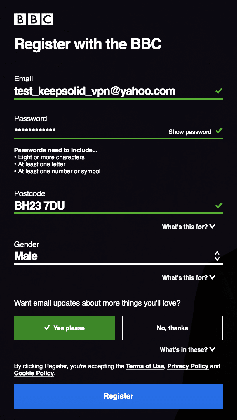 Create a UK account for iPlayer - At this step, you should use any of these postcodes
