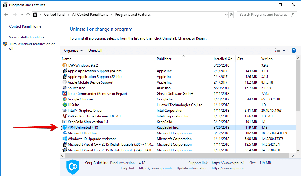 Select VPN Unlimited and click Uninstall
